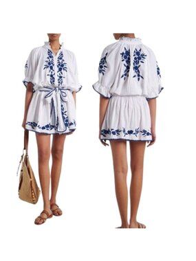NEW Juliet Dunn Embroidered Floral Ruffle Short Sleeves Dress White Size: 6